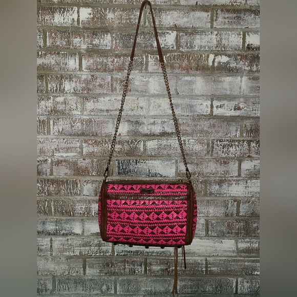 Rebecca Minkoff Pink/Brown Leather Woven Crossbody Gold Stud and Chain Accents. - Picture 4 of 11